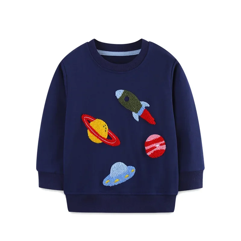 Boys Pullover Tops 100% Cotton Space Rocket Planet Applique Hoodies Sweatshirts Toddler Kids Crew Neck Long Sleeve Clothes