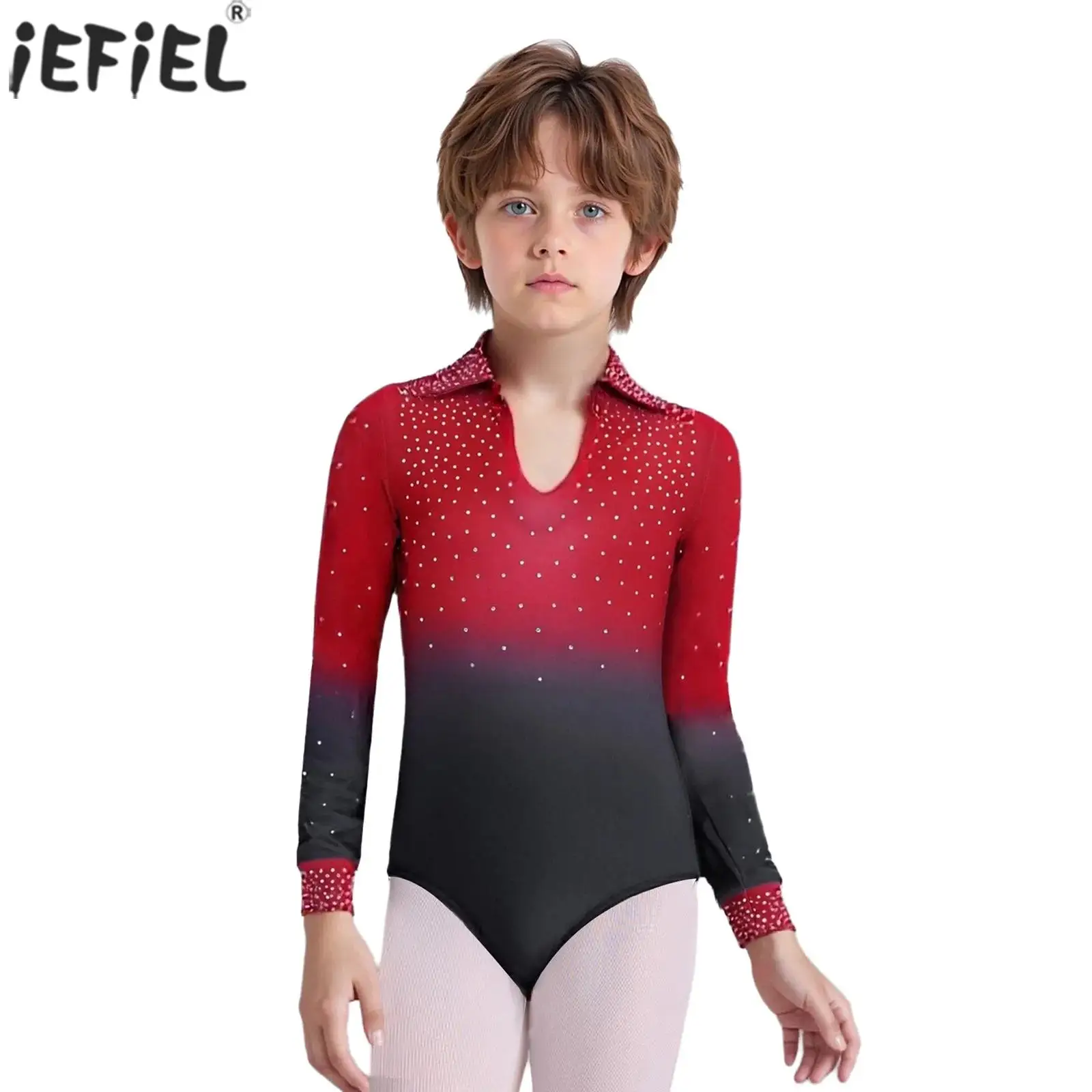 Kids Boys Gymnastics Leotard Long Sleeve Shiny Rhinestones Gradient Color Jumpsuit for Figure Skating Ballet Tango Cha-cha Dance