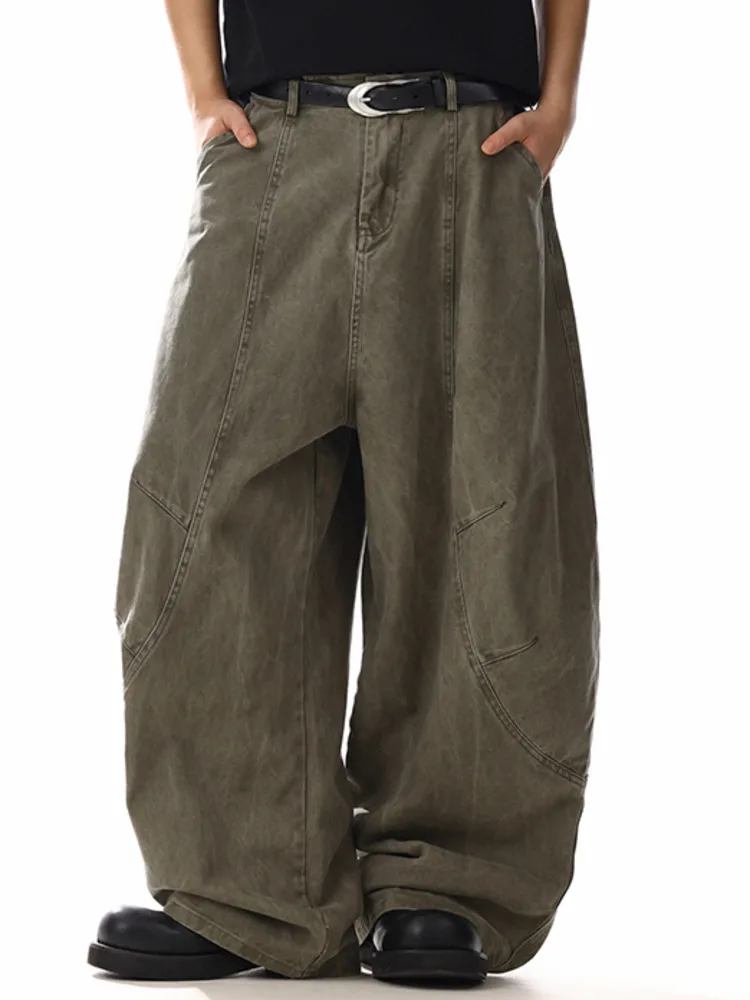 High Street Men Casual Pants Solid Color Washing Deconstruction All-match Bottom Wide Leg Male Curved Knife Trousers ZAS34