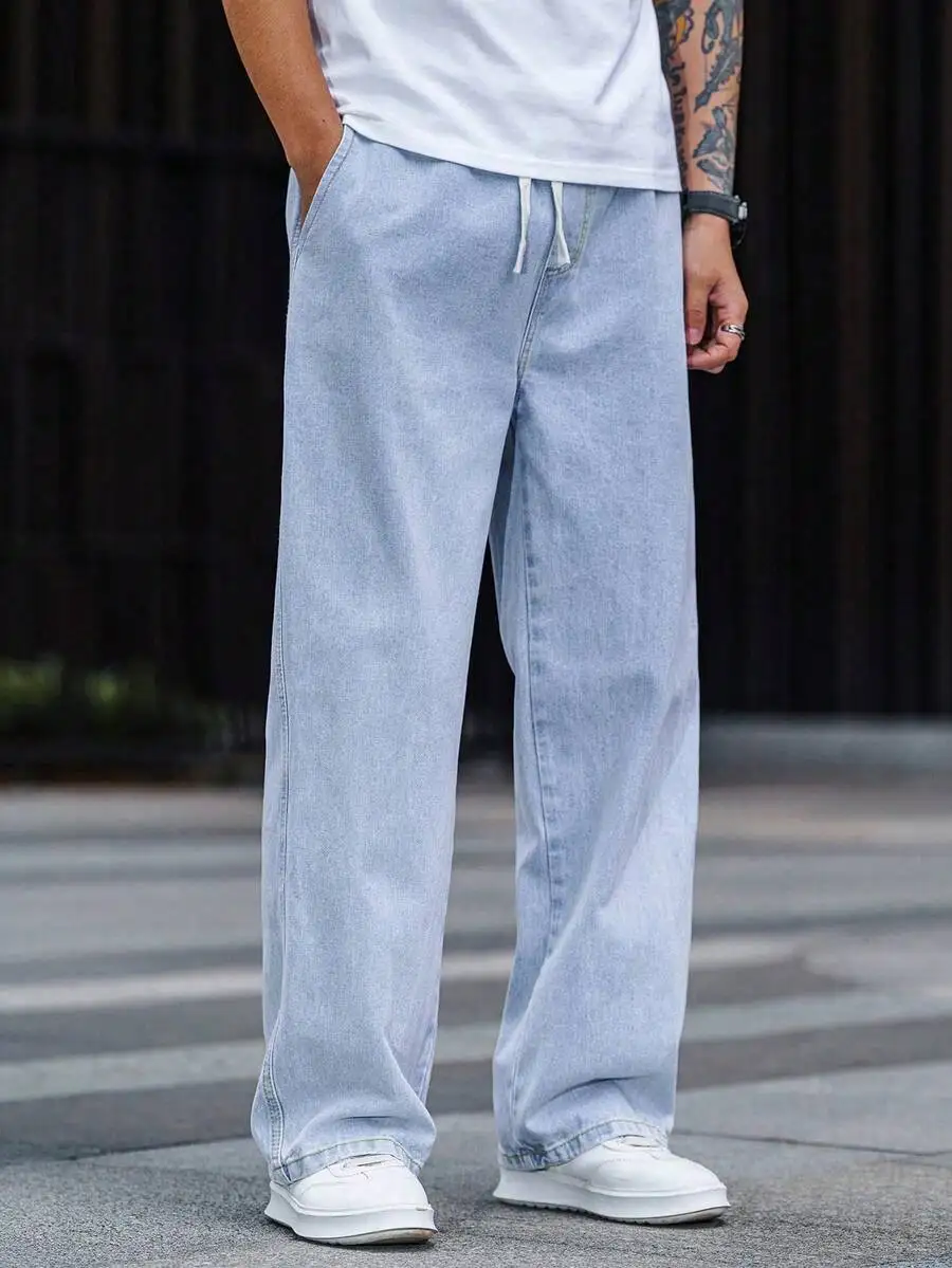 

Loose Straight Leg Washed Denim Jeans For Men Casual Elastic Waist Wide Leg
