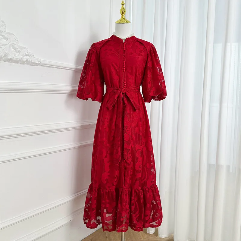 Summer Formal Evening Long Dresses Women Half Sleeve Laces Belt Loose Big Size Embroidery Fishtail Dress Birthday Party Vestidos