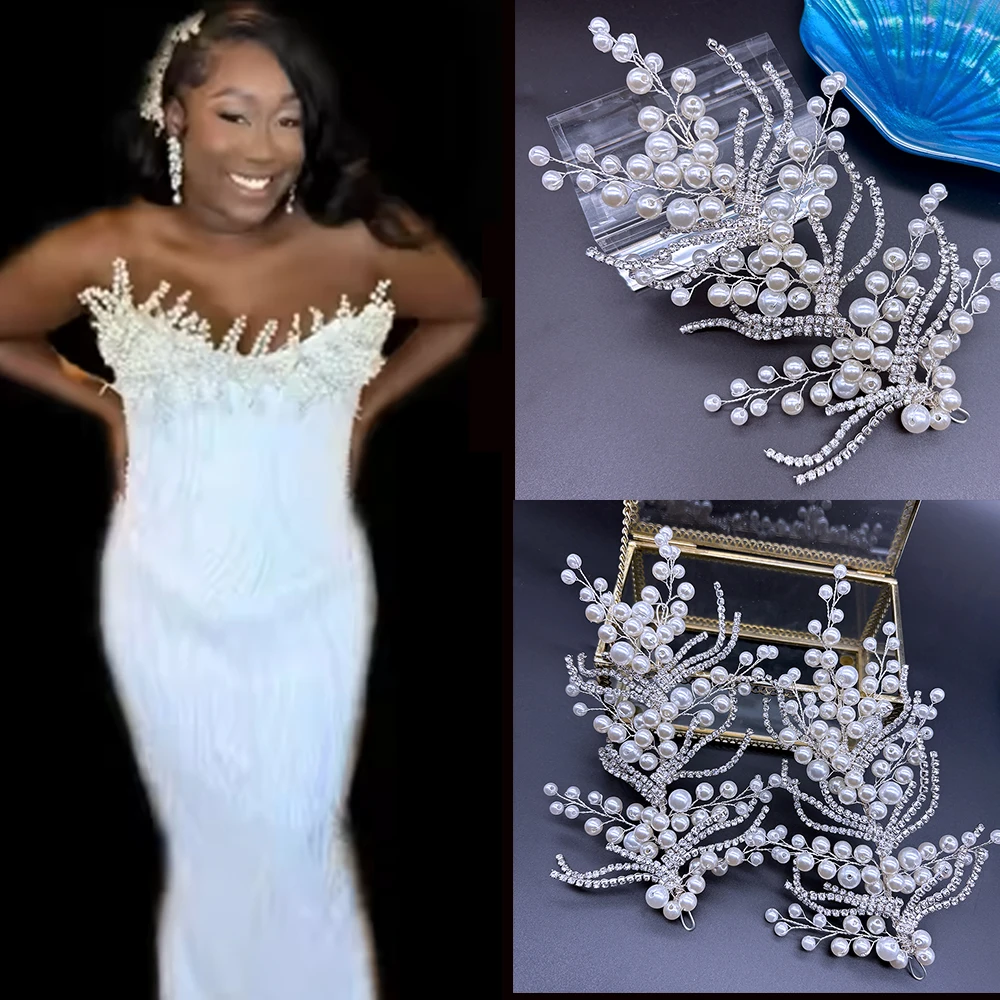 DZ285 Vintage Design Luxury Big Crystal Sequin Applique White Beaded Pearl Rhinestone Patch  for Wedding Dress Accessory
