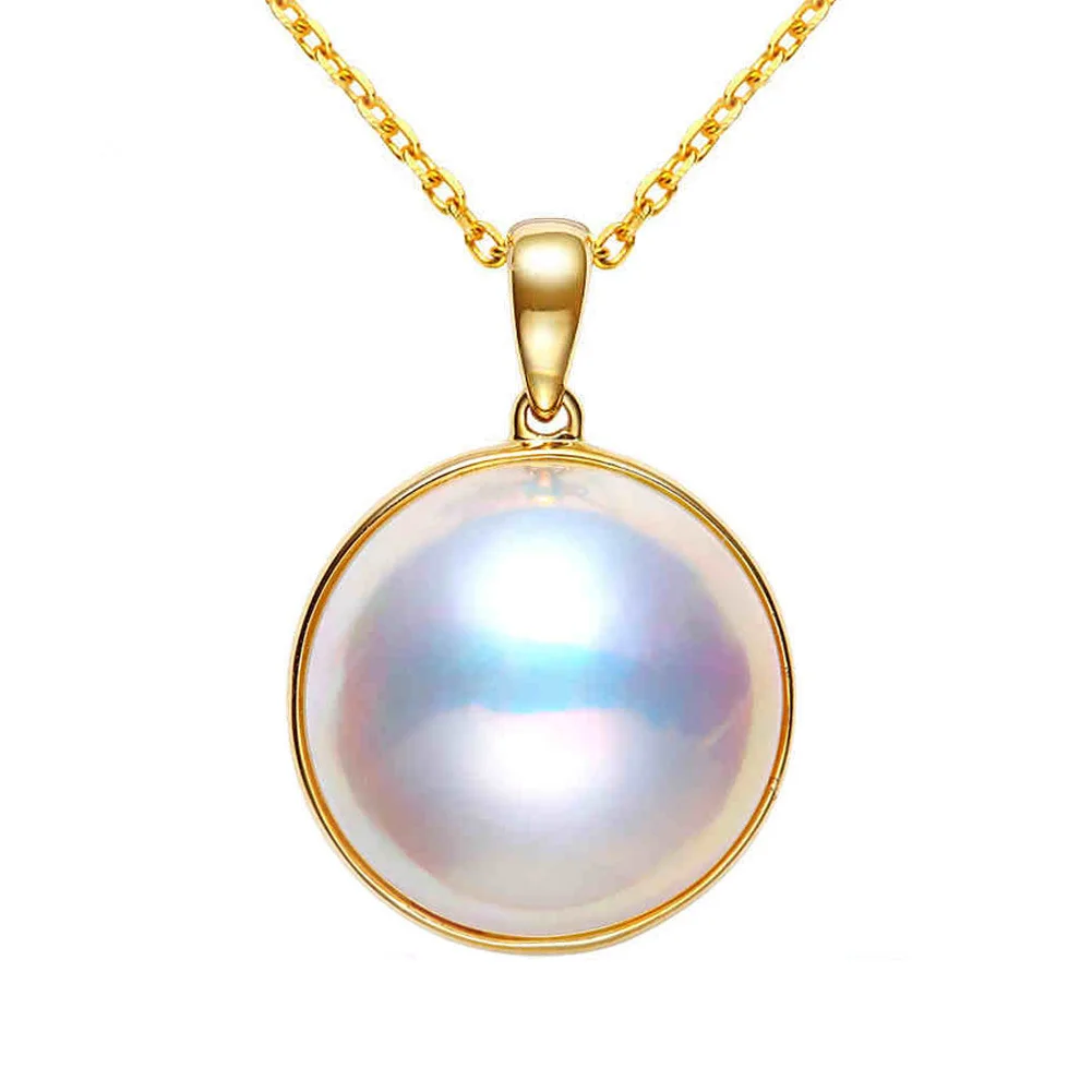 Exquisite Synthetic Mabe Pearl Necklace Plated with 14K Gold Chain, Peacock Green White Baroque Pearl Pendant Jewelry