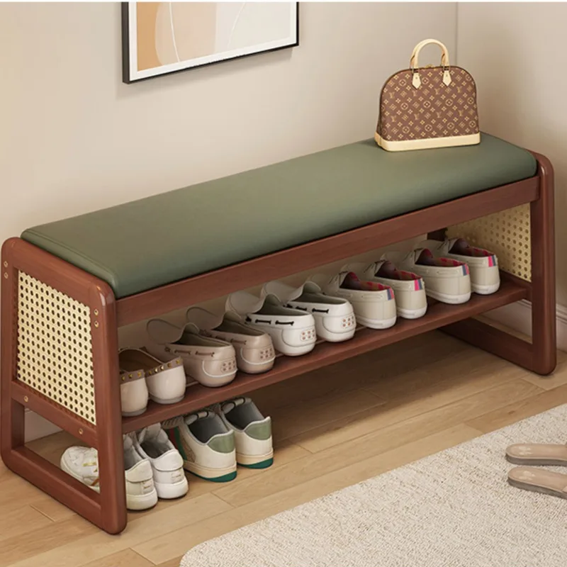 Nordic Shoe Cabinet 2 Layers Solid Wood Foot Stool Imitation Rattan Weaving Entrance Bench Comfort Seat Cushion Hallway Ottoman