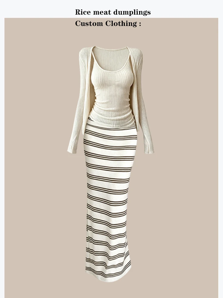 

Korean Style OOTD Sun Protection Air Conditioning Long Sleeve Vest Knitted Straight Stripe Long Dress Fashion Set for Women