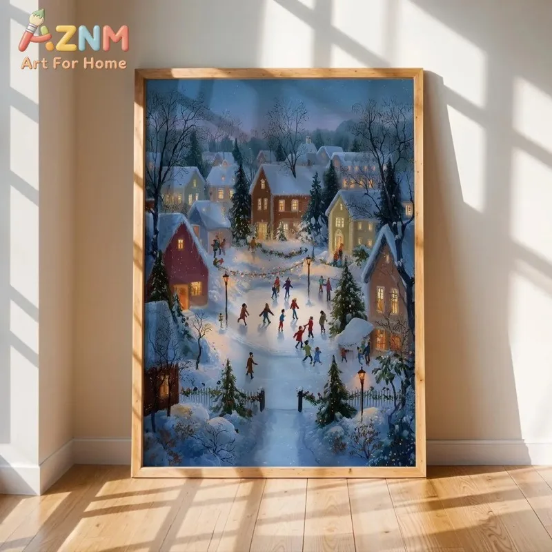 Vintage Winter Christmas Village Canvas Wall Art Snow Town Kids Ice Skating Holiday Scene Home Wall Print Unframed Canvas Poster