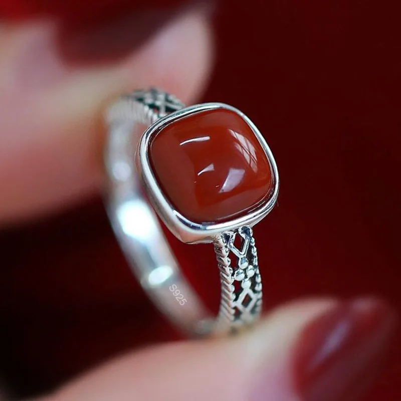 

925 Sterling Silver Rings for Women Couple Minimalist Handmade Simple Red Stone Ring Fine Jewelry Gift Prevent Allergy