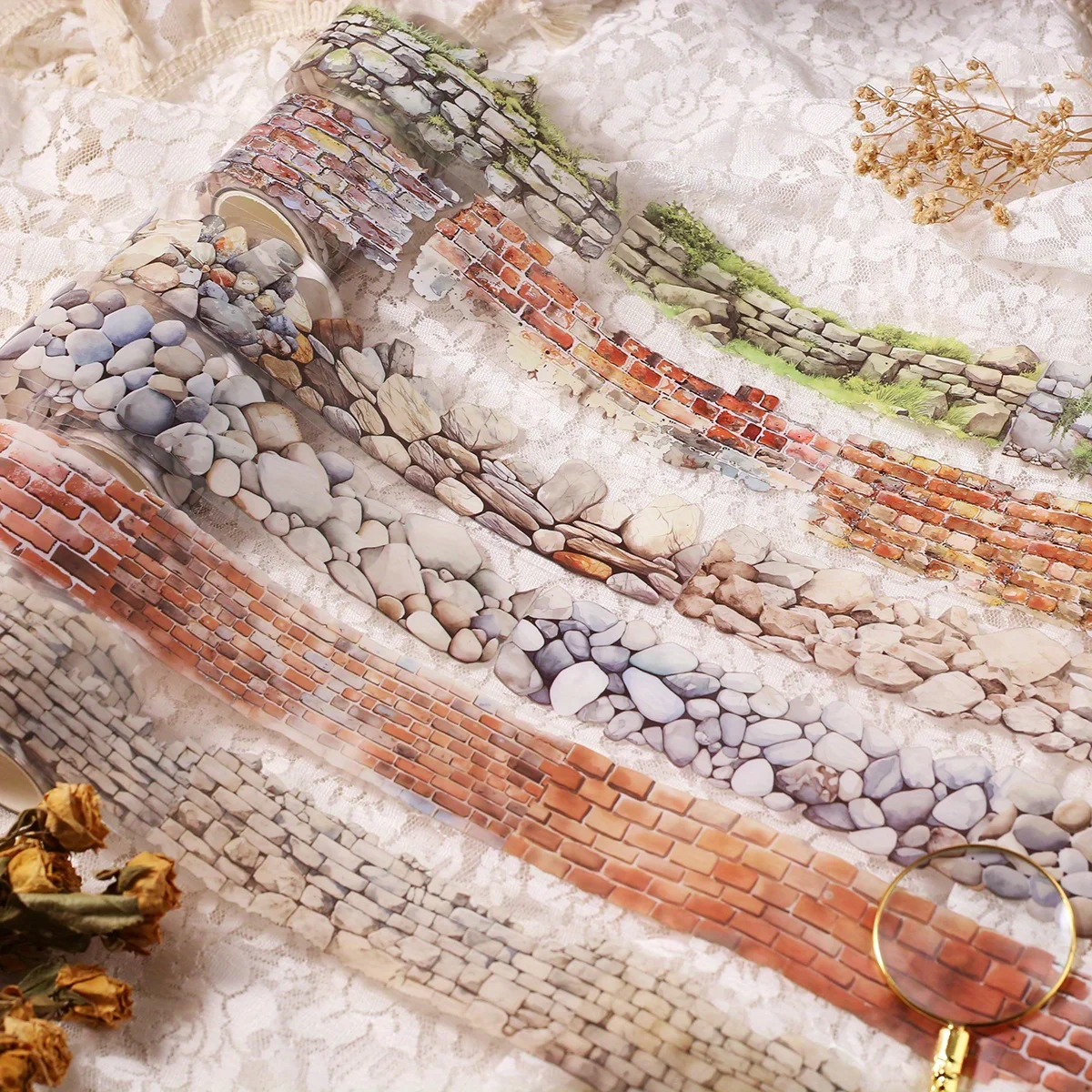 

6Rolls PET Stone Wall Tapes Sticker for Junk Journaling Scrapbook Stickers Vintage Tapes Sticker Scrapbook Decorative Sticker