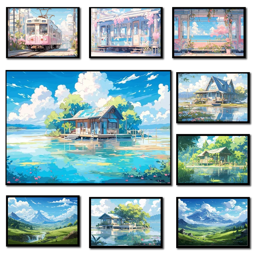 1pc Frameless Aestheticism Anime Scenes Posters Sakura Tram Train Ocean View Prints Canvas Printing Wall Landscape Art Picture F