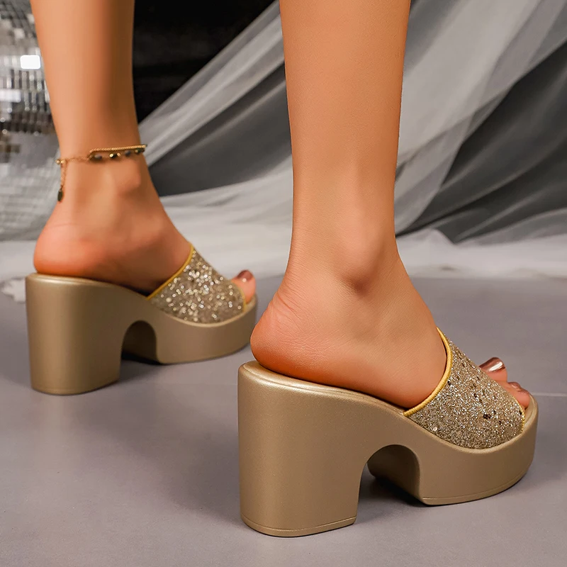 Shiny Sequin Gold High Heels Sandals Women 2026 Summer Chunky Platform Outdoor Slippers Woman Plus Size 43 Thick Heeled Slippers image 6
