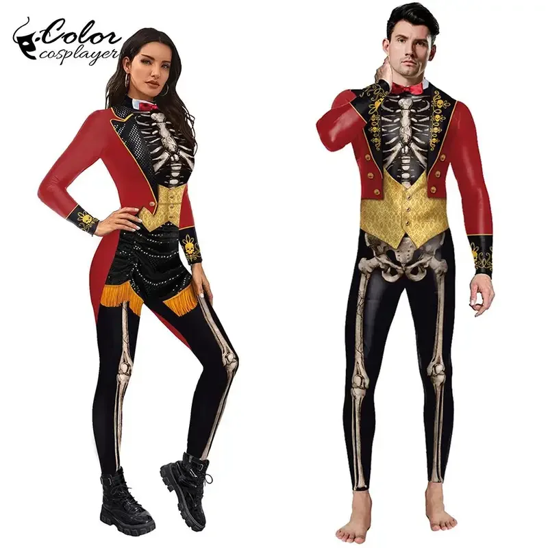 Kleur cosplayer Halloween party skelet jumpsuit cosplay kostuum unisex Zentai Purim carnaval lange mouw fancy cosplay catsuit
