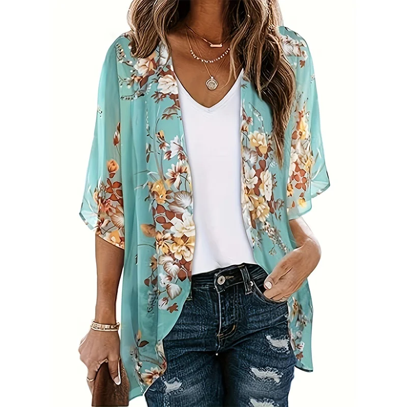 Summer Women'S Short Sleeve Kimono Cardigan Color Block Sheer Shawl Capes Chiffon Beach Cover-Up Casual Loose Flowy Blouse Tops