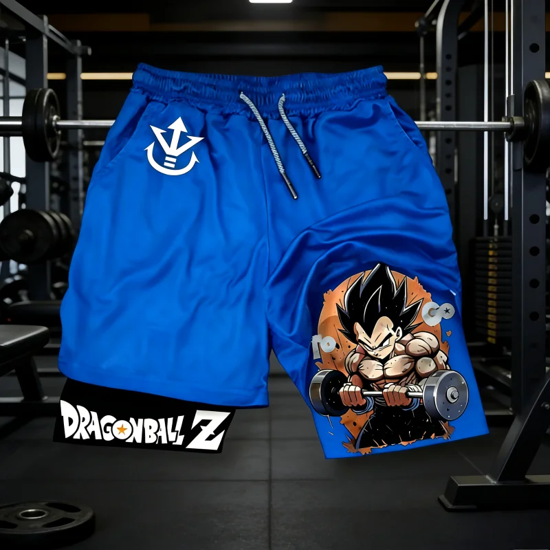 2026 Sommer Dragon Ball Doppellagige Sportshorts für Herren, Vegeta Gym-Print, Schnelltrocknende Fitness-Workout-Shorts, Übergroße Y2k