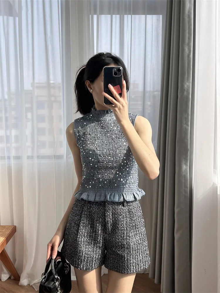 Women Sequin Knitted Vest Ruffled Collar Sleeveless Elegant Spring 2024 Sweater