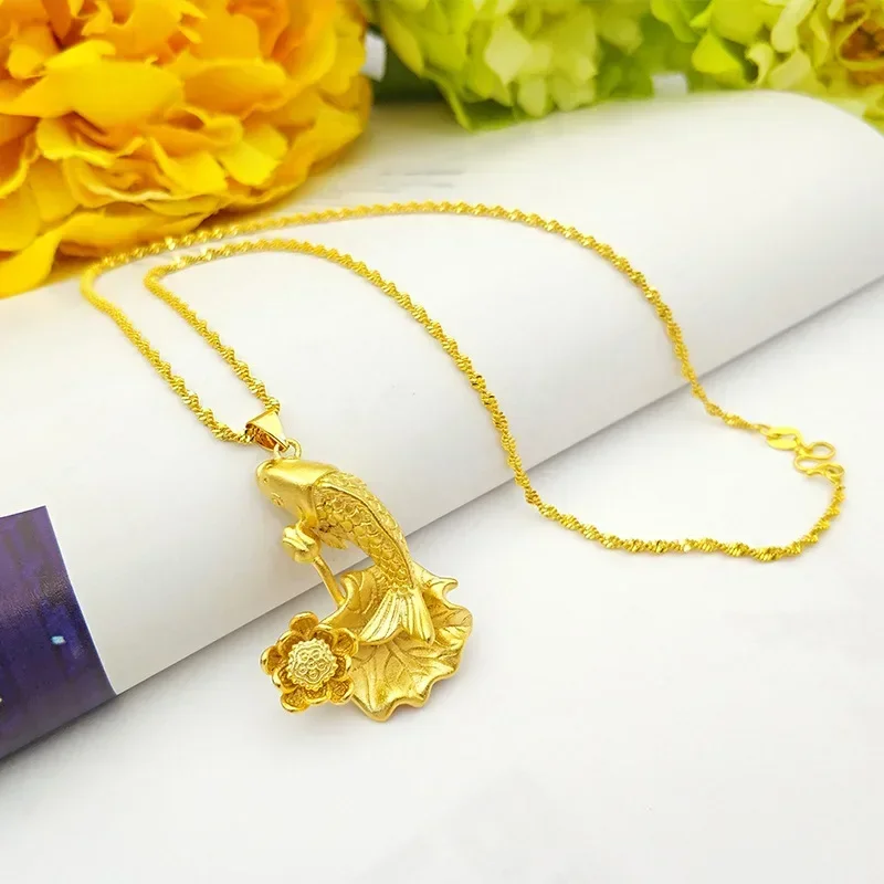 

9999 Real Gold 24K Women's Necklace Wedding Retro Fashion Lotus Rich Fish Necklace Gold Necklace Pendant