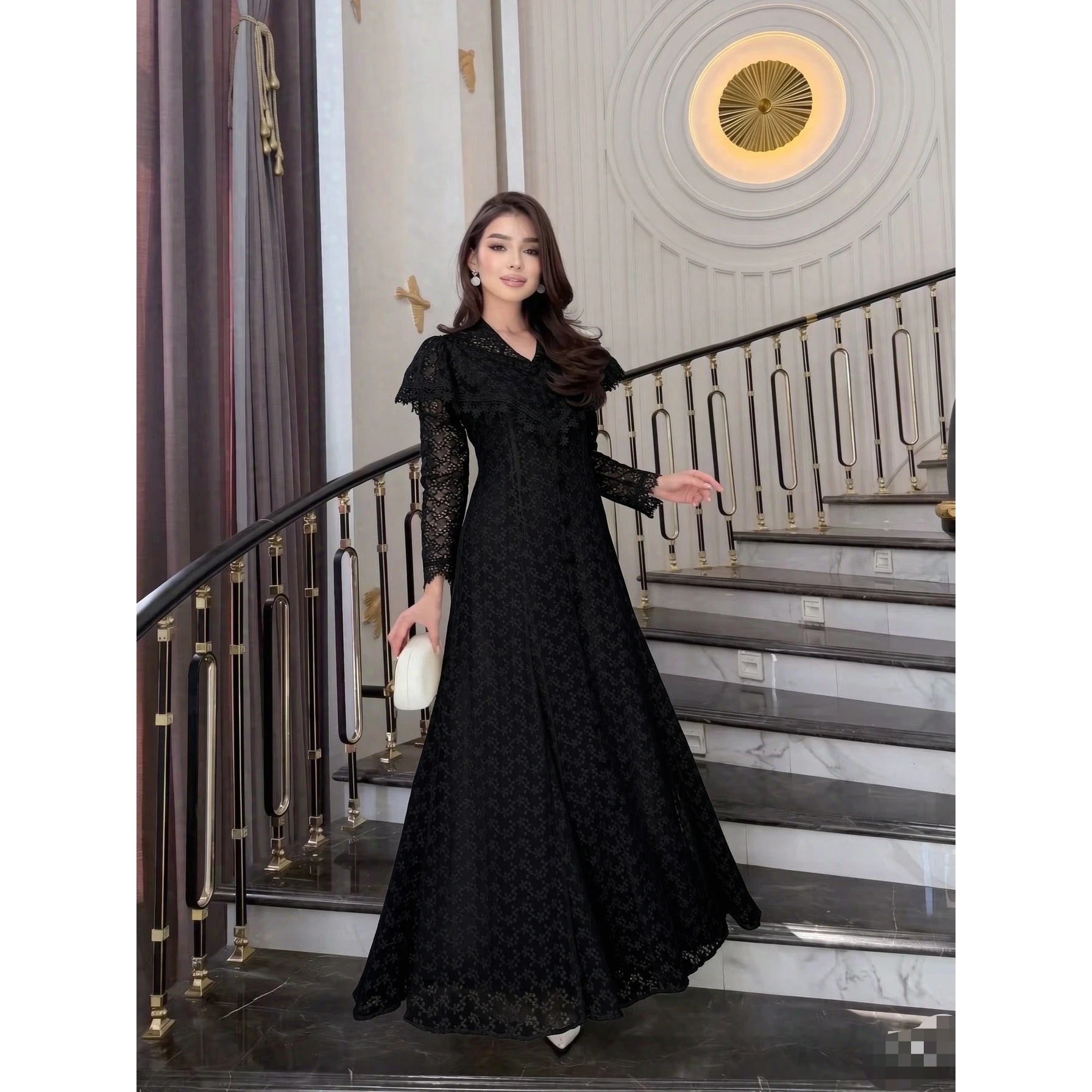 Elegant High Waist Embroidered Dress Pearl Button Heavy Work Slimming Waist Citywalk Spring Long Sleeve V Neck a Line Dress