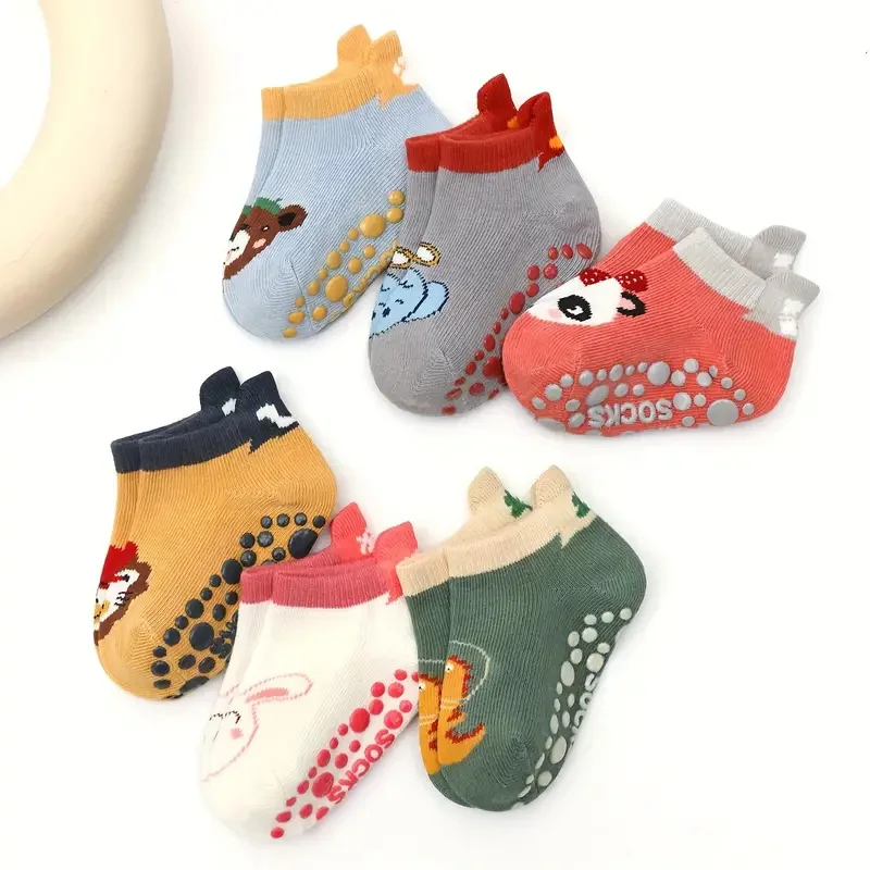 6 Pairs Kids Cotton Socks Cute Cartoon Animal Pattern Comfy Breathable Baby Non-slip Floor Socks