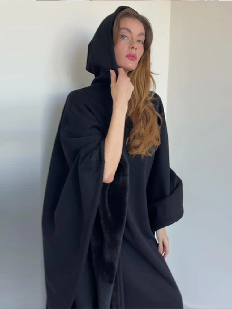 Solid Punk Style Oversized Hooded Wool Blend Cape Top Button Decor Open Front Loose Batwing Sleeve Poncho Coat 260602