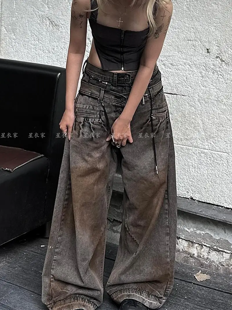 Women Korean Fashion Chic Jeans Grunge Japanese Harajuku Gyaru Y2K Denim Cargo Pants Cyber Punk Hip-pop 2000s Aesthetic Tomboy