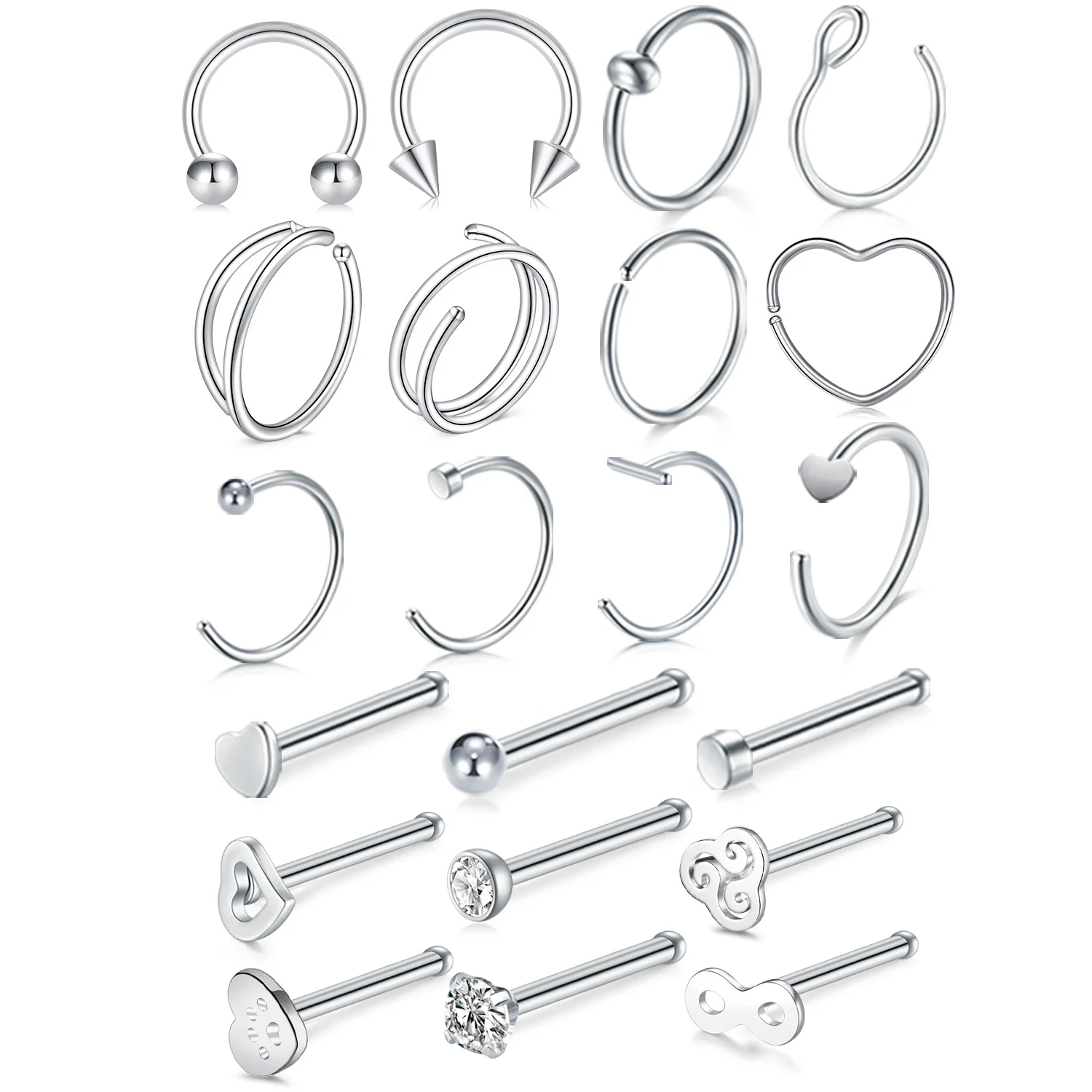 مجموعة حلقات أنف مكونة من 21 قطعة من طراز Punk Style للنساء والرجال - 304 من الفولاذ المقاوم للصدأ، لمسات زركونيا مكعبة، مثالية للارتداء اليومي والهدايا