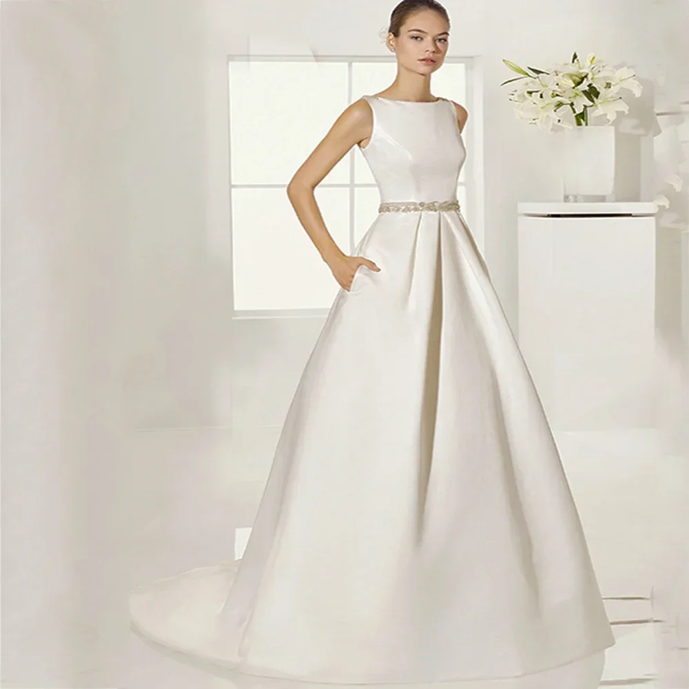 

Индивидуальные простые свадебные платья без рукавов, элегантные, А-силуэт, с гладкой юбкой, со шлейфом, высококачественные женские свадебные платья