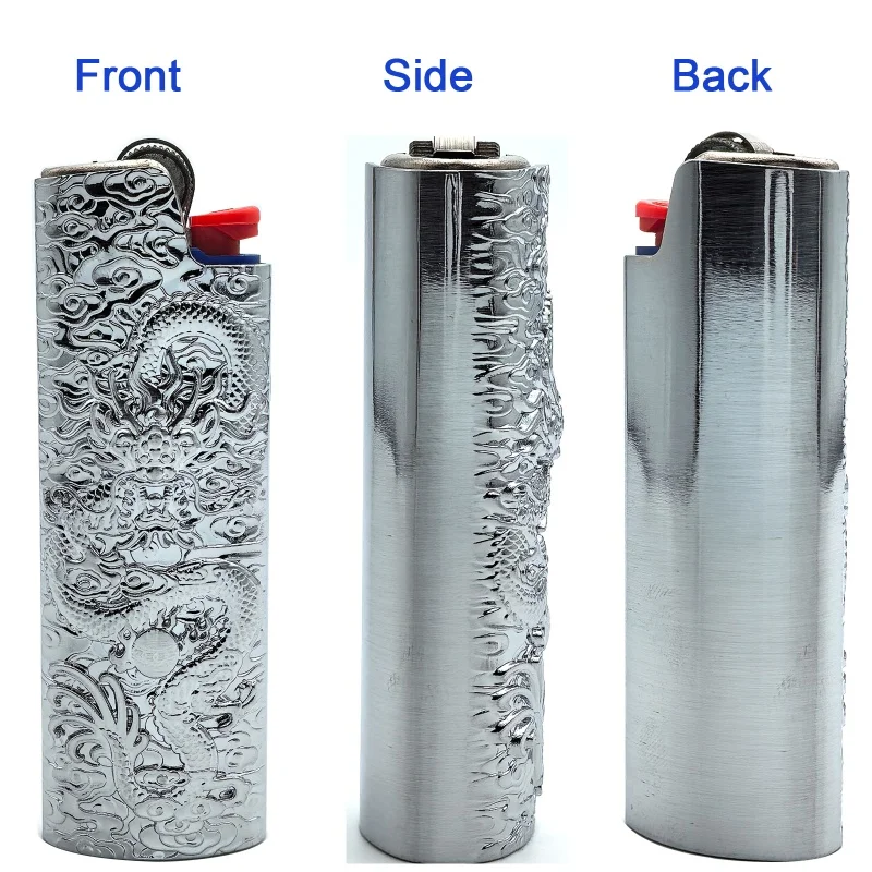 Cehyhd Metal Lighter Case Cover Holder Vintage Dragon Engraving for BIC Full Size Lighter J6 (Silver)