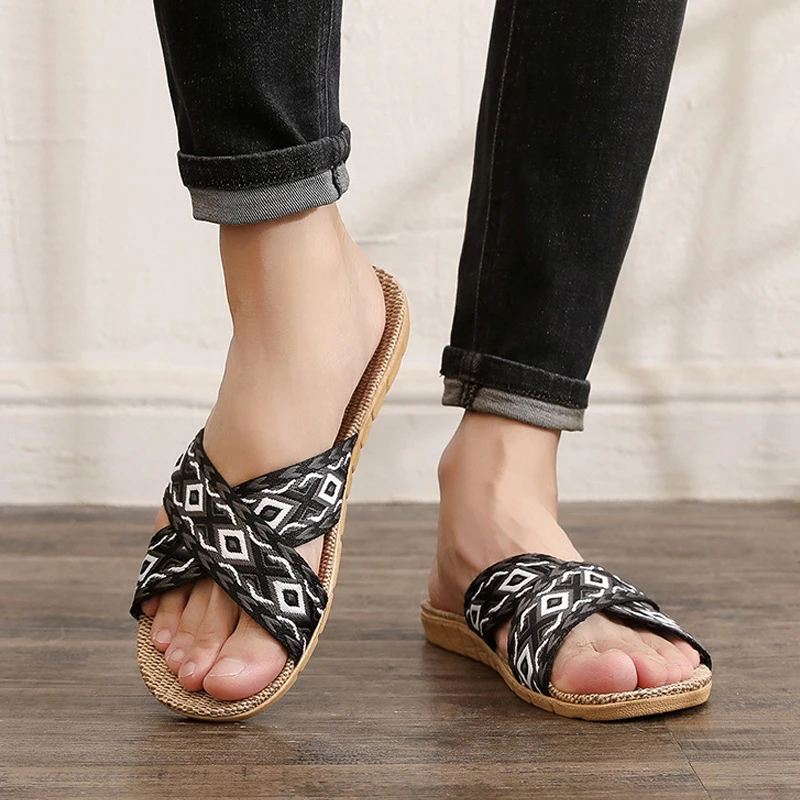 

Summer Indoor Slippers Men Women Home Shoes Lightweight Linen Couple Slippers Anti-Slip Home Slippers Open Toe Flat Slides