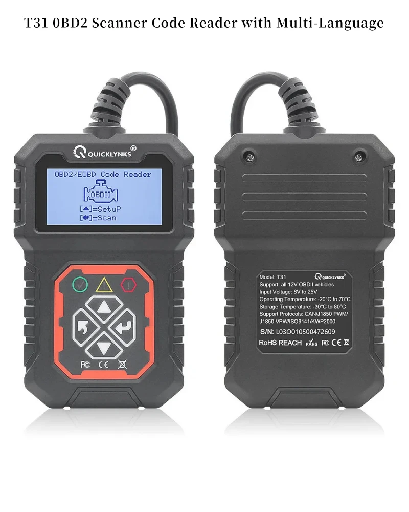 T31 OBD2-Scanner-Codeleser mit mehrsprachiger Unterstützung für alle Autos nach 2000-Motorfehl-Diagnosetool