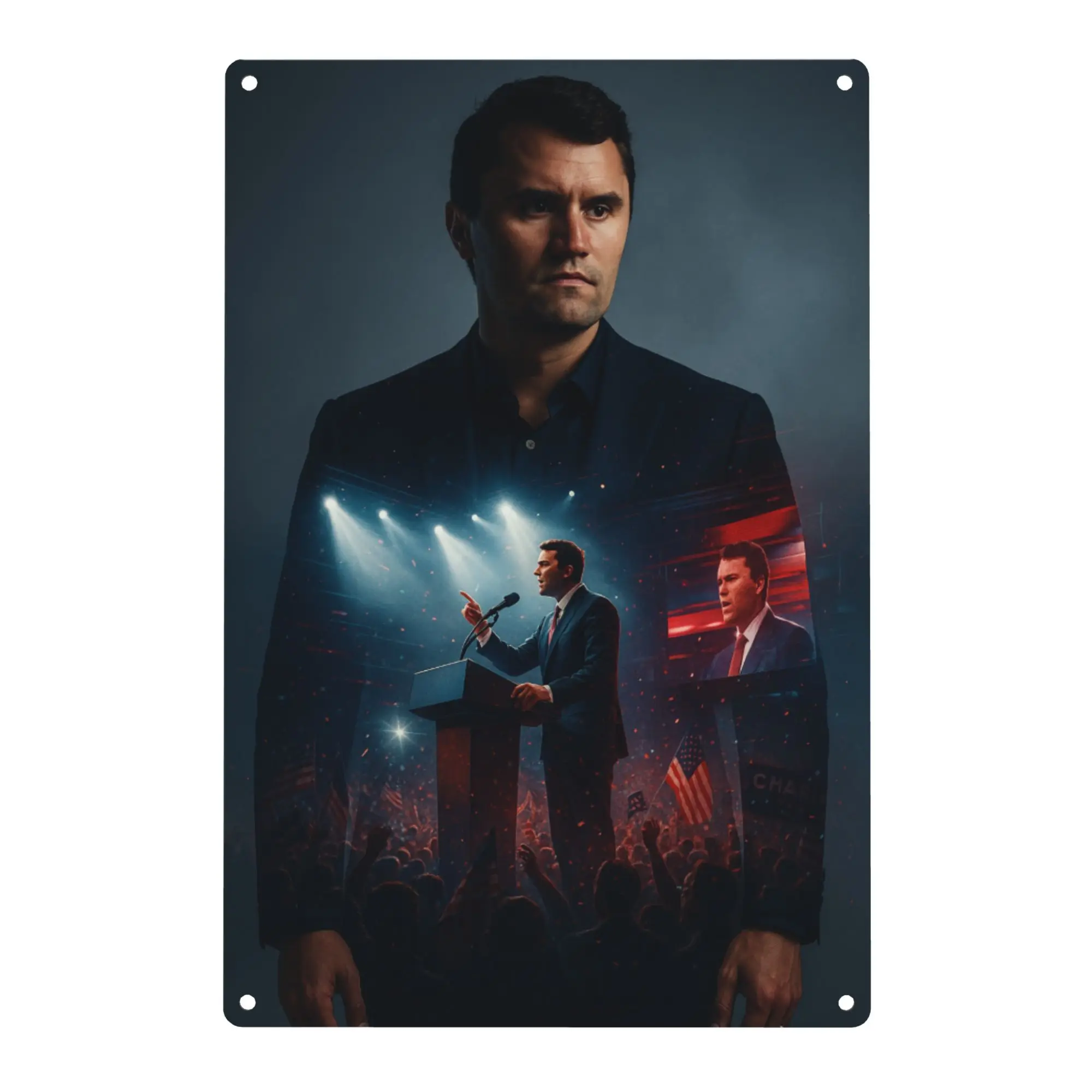 

Charlie Kirk Vintage Political Speech Poster Modern Aluminum Metal Wall Art Double Exposure Design for Living Room Office Decor