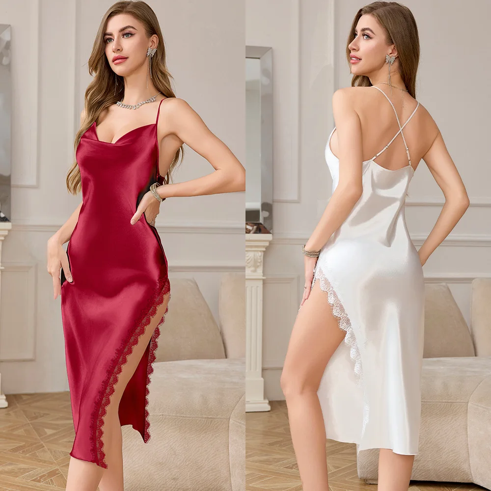 

Sultry Women's Long Sling Open-Back Nightgown with Side-Split Lace Two-Piece Set – Seductive Sleepwear Ensemble
