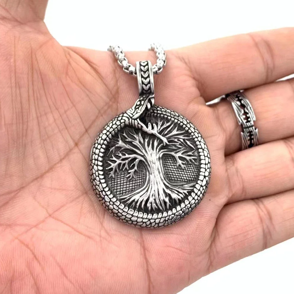 Nordic Yggdrasil Viking Tree of Life Pendant Necklace Stainless Steel Vintage Ouroboros Necklace Men Scandinavian Amulet Jewelry