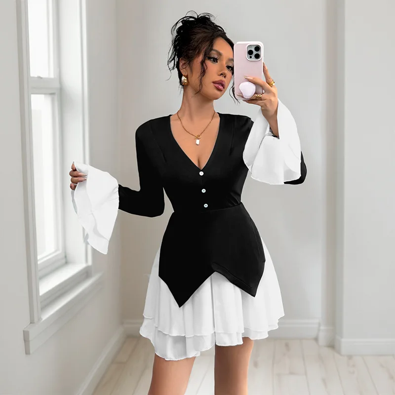 

Dress Women Mini Dresses A Line Vestidos Y2k Streetwear Ruffles V Neck Full Sleeve Elegant Splice Party Night High Waist Slim