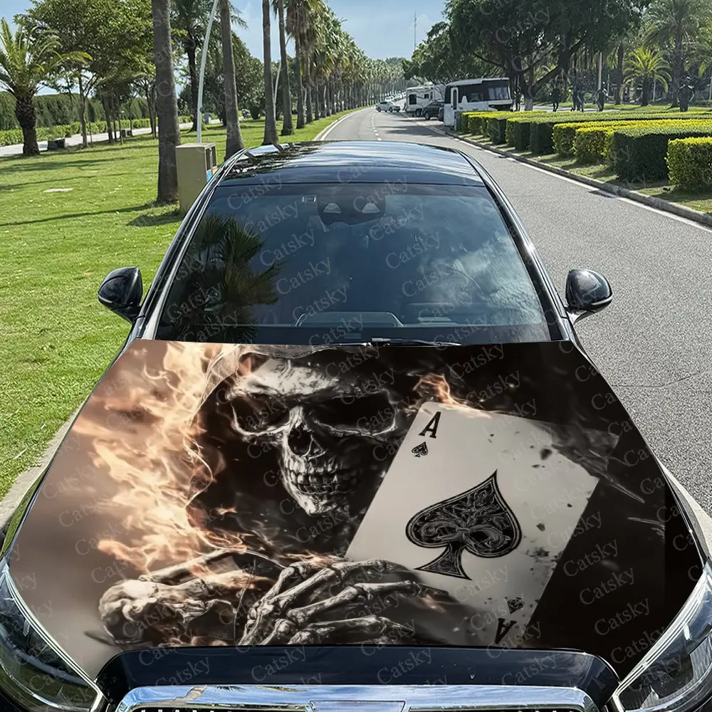 

Gothic Flame Card Skeleton Car Hood Decal Sticker, Durable Car Vinyl Wraps Suitable For Most Vehicles, Car Engine Hood Protectiv