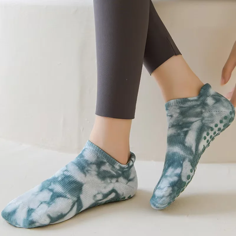 1Pair Yoga Socks Women Cotton Tie-dyed Silicone Non-slip Pilates Grip Towel Low-ankle Sport Sock Four Seasons Cotton Stockings