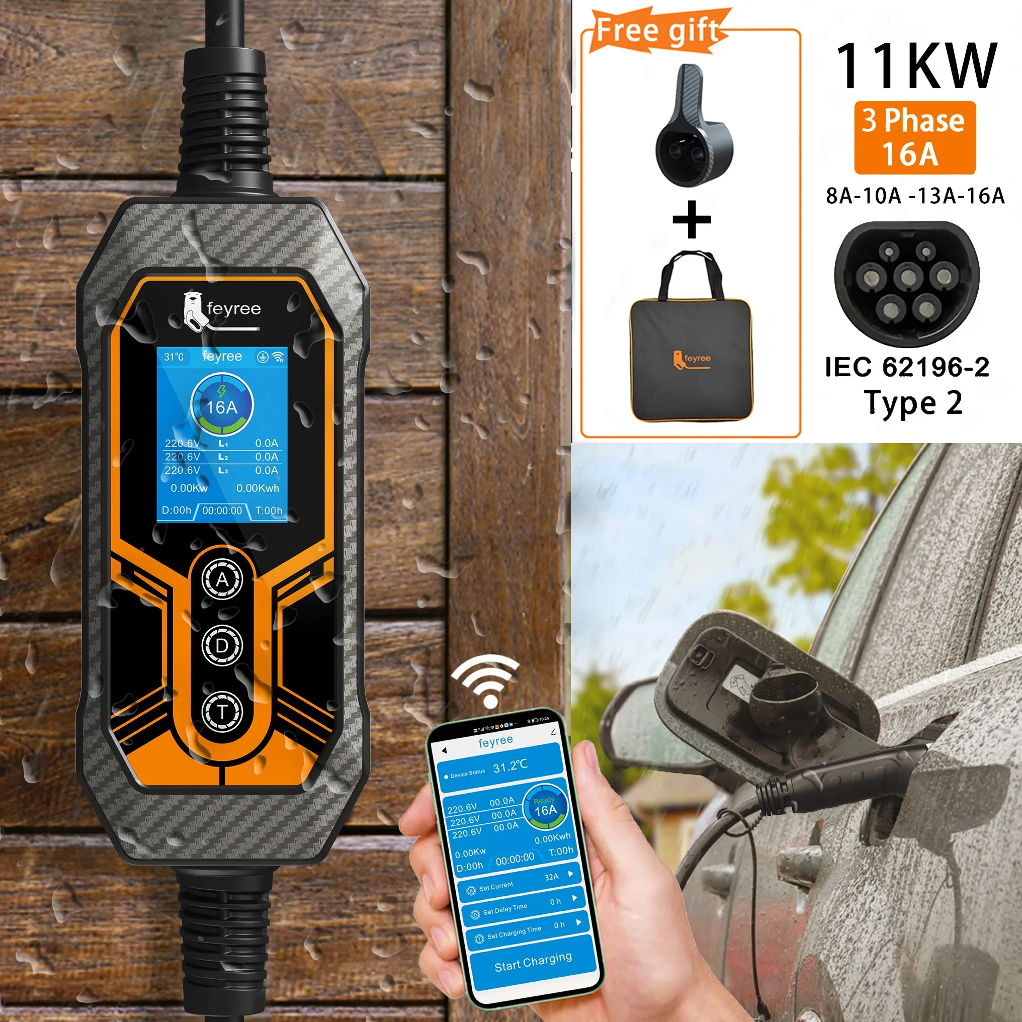 Feyree Tipo 2 Caricatore EV portatile 11KW 16A 3 fasi Wi-Fi APP Versione Bluetooth Cavo di ricarica EVSE Spina CEE da 5 m per auto elettrica