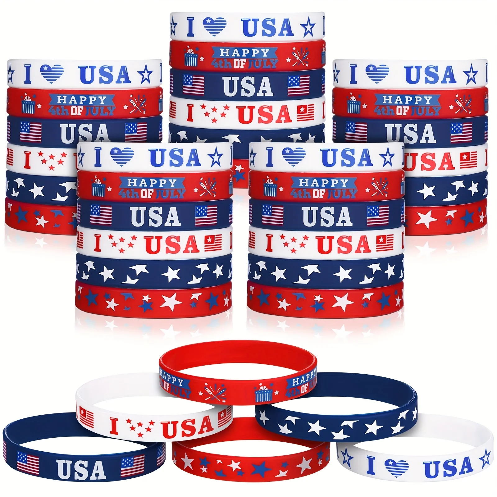 

60pcs 4th Of July Patriotic Bracelets USA American Flag Red White And Blue Star Silicone Bracelets Memorial Day Wristband Bracel