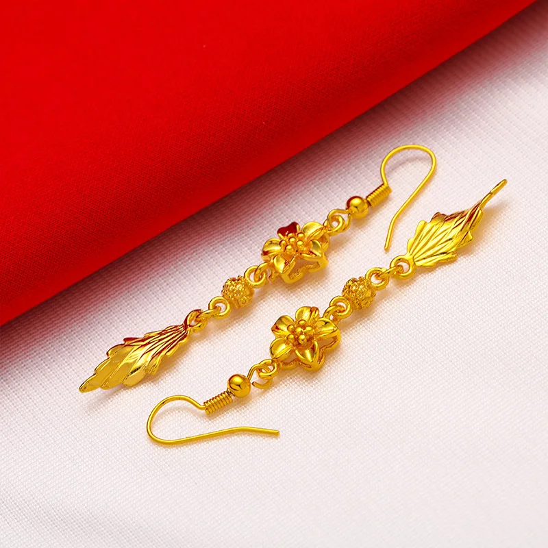 24K Bauhinia Leaf Real Gold Earrings, High Quality 999 Pure Gold Earrings AU999 Luxury Quality Jewelry Gold Earrings for Women