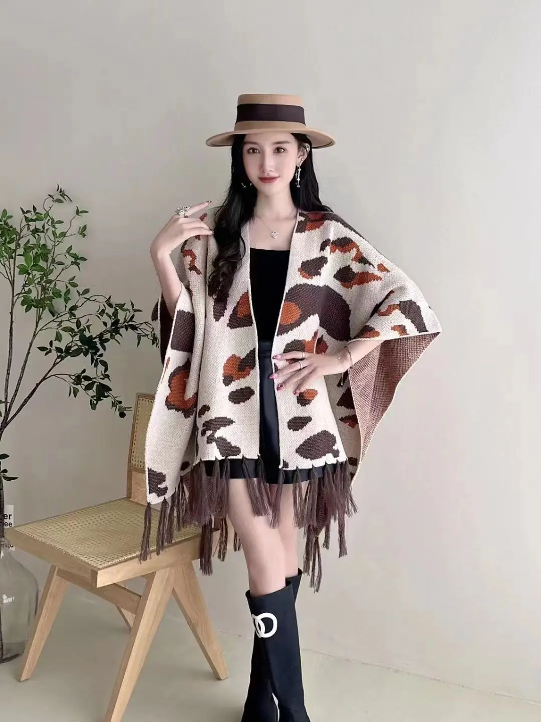 Casaco de malha leopardo para mulheres, xale extragrande, manga batwing, cardigã solto, moda poncho, casacos borla, outono, inverno