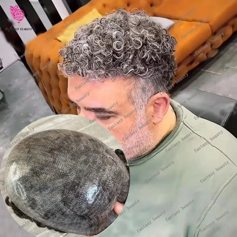 

Мужской парик 15 мм, афро-кудри, серо-черный (1B40, 1B65), 100% натуральные человеческие волосы, прочный, с тонкой кожаной основой, система капиллярной протезации