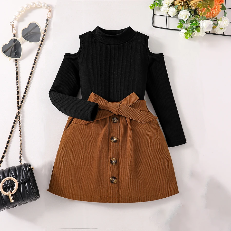 Girls\' Autumn Fashion Set Solid Color T-shirt Off-Shoulder High Collar Top with Solid Color Half Skirt Children\'s Clothing