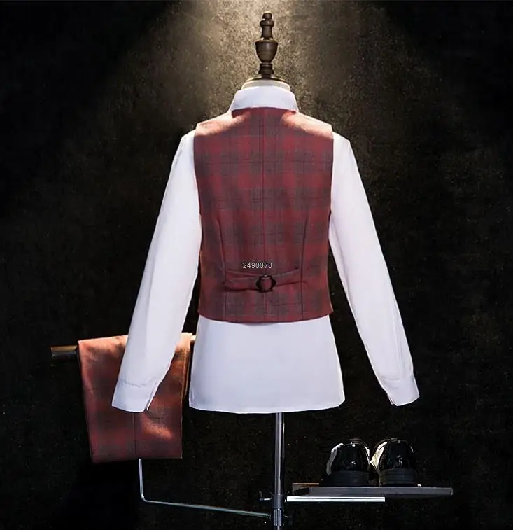 Gentle Kids Plaid Jakcet Vest Pants Photograph Dress Boys Luxurious Handsome Wedding Suit Children Teenagers Stage Show Costume