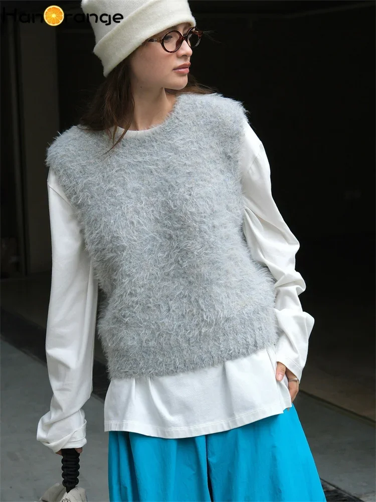 

HanOrange 2024 Autumn Winter Fashion Imitation Mink O-neck Wool Sweater Vest Women Soft Fluffy Knitting Top Apricot/Gray