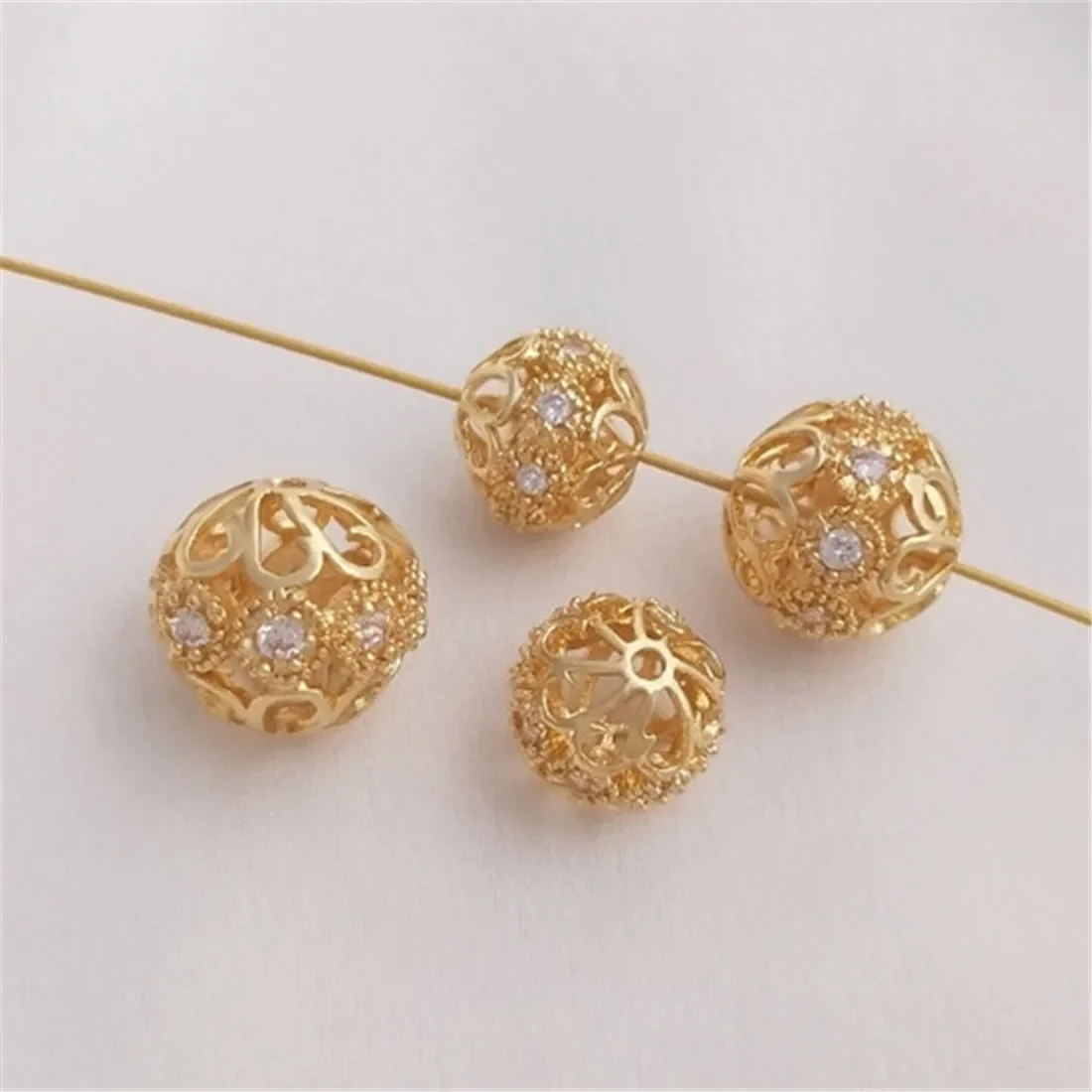 14K Gold Inlaid Zircon Flower Ball Separated Beads Handmade DIY Flower Shaped Round Ball Loose Bead Bracelet Headpiece Accessory