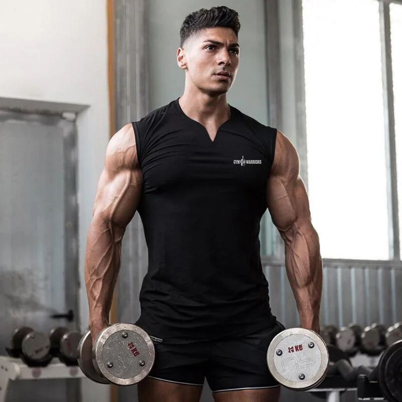 Compression Sleeveless T-Shirts Gym Clothing V Neck Fitness Mens Tank Tops Cotton Bodybuilding Stringer Singlets Workout Vests