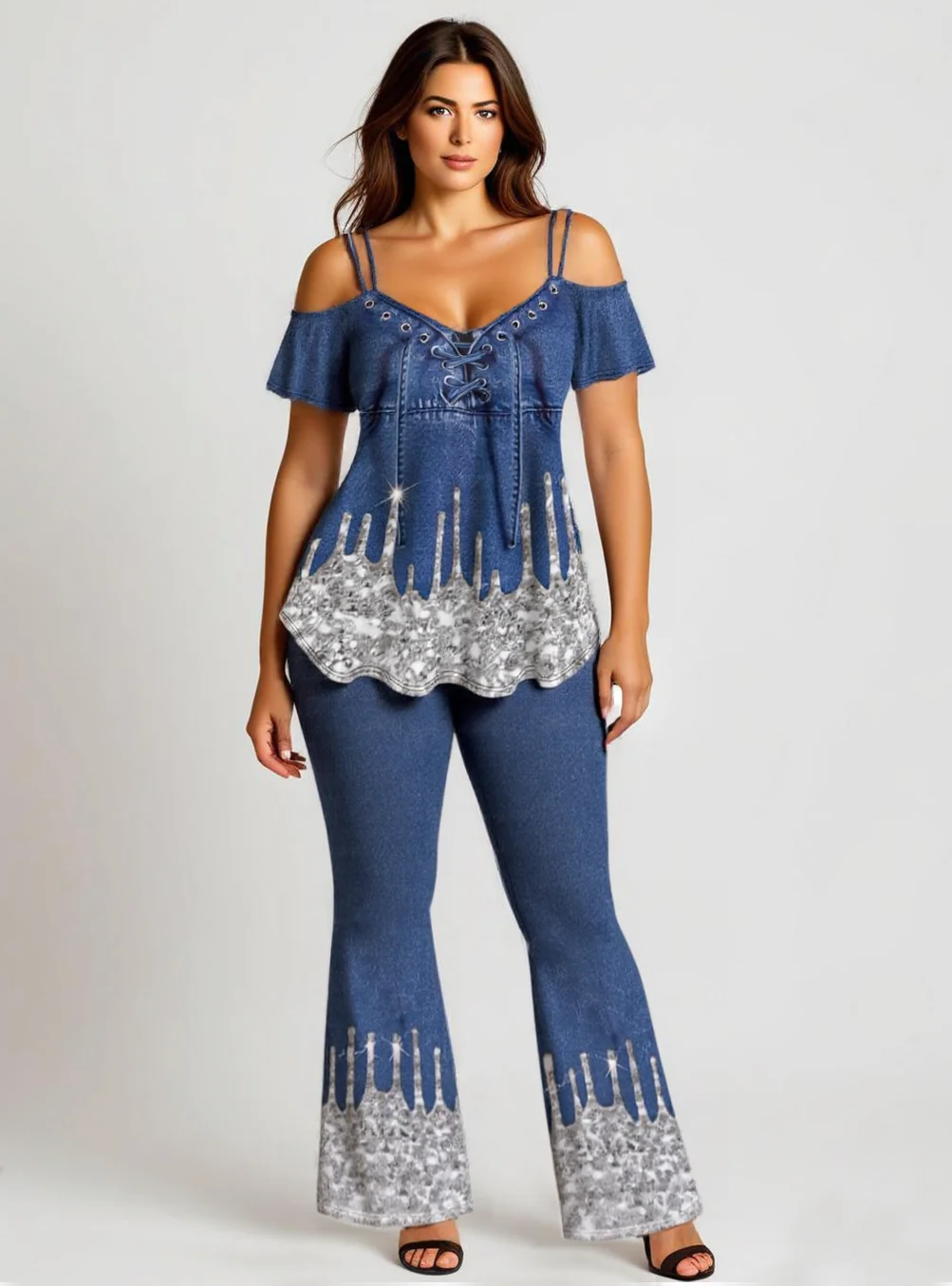 

2026 New Women Cold Shoulder 3D Lace Up Jeans And Glitter Printed T-Shirt and Flare Pants Plus Size 70s 80s Graphic Outfit