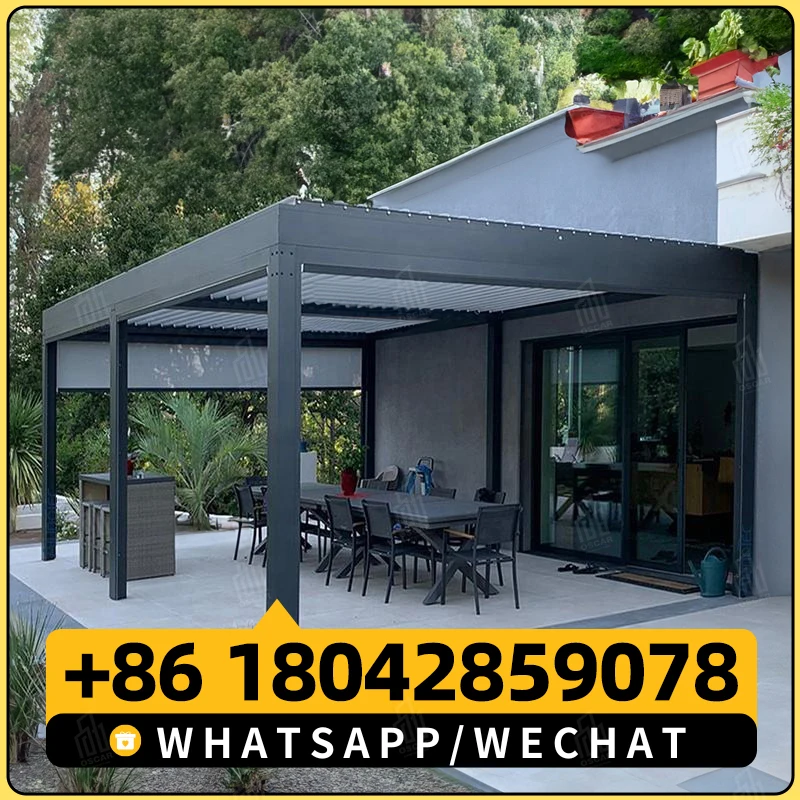 Aluminium Alloy Gazebo Louvered Roof Outdoor Waterproof Aluminium Pergola with Sliding Glass Door Sunroom