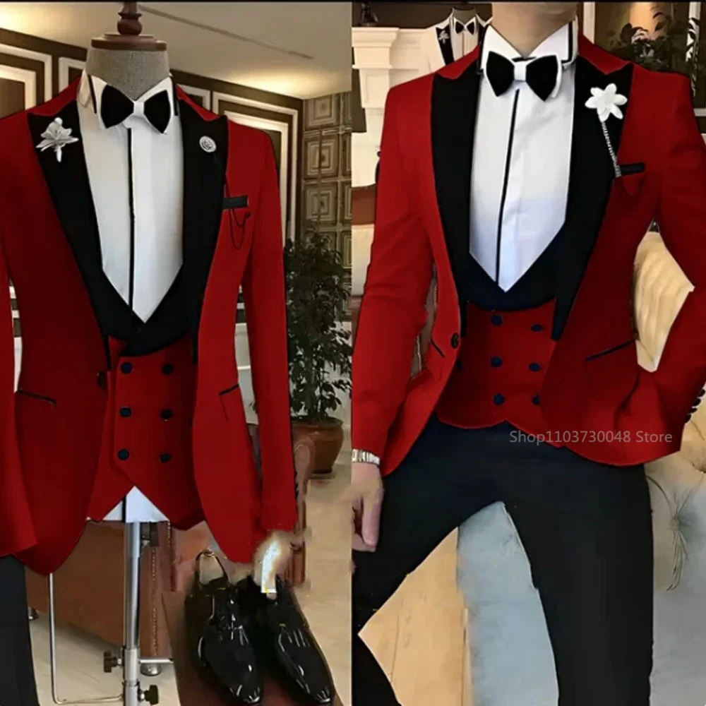 

Classic Solid Black Peak Lapel 3-Piece Men's Suit Slim Fit Elegant Blazer Vest Pants Set for Wedding And Business