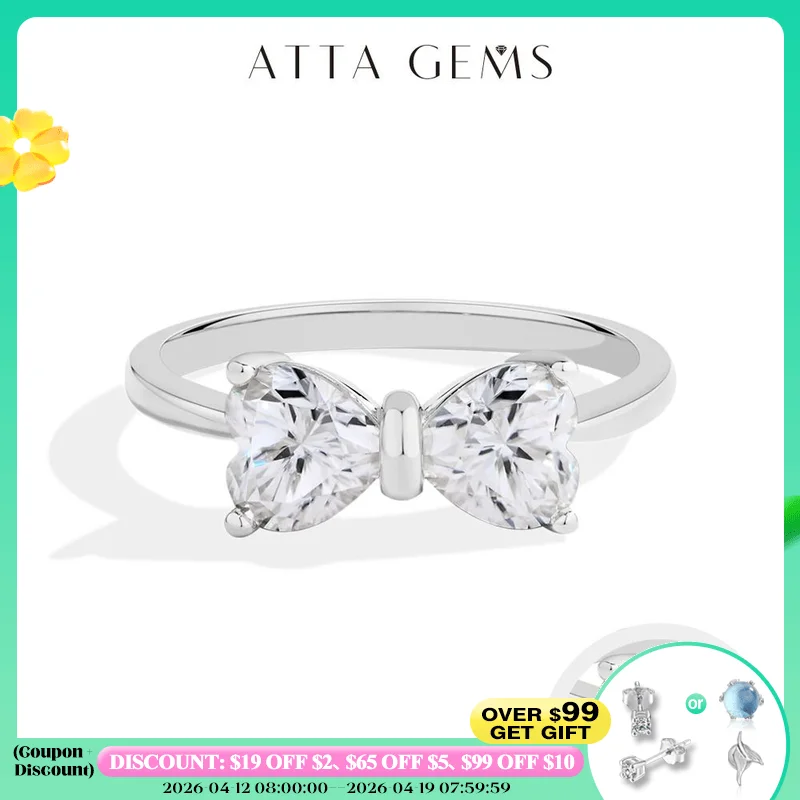 

ATTAGEMS 925 Sterling Silver Bow Knot Moissanite Rings For Women 2pcs 0.8ct Heart-cut D VVS1 Party Luxury Jewelry Gift for Her