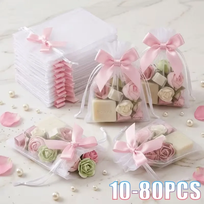 10-80Pcs Organza Drawstring Bag with Collision Color Bow Transparent Sheer Mesh Pouch with Ribbon Tie for Gift Party Favor