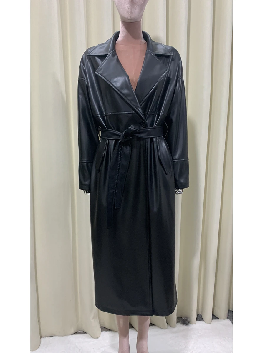 

Spring Autumn Long Black Soft Pu Leather Coat Women Sashes Single Button High Quality Loose Casual Korean Fashion Clothes 2025